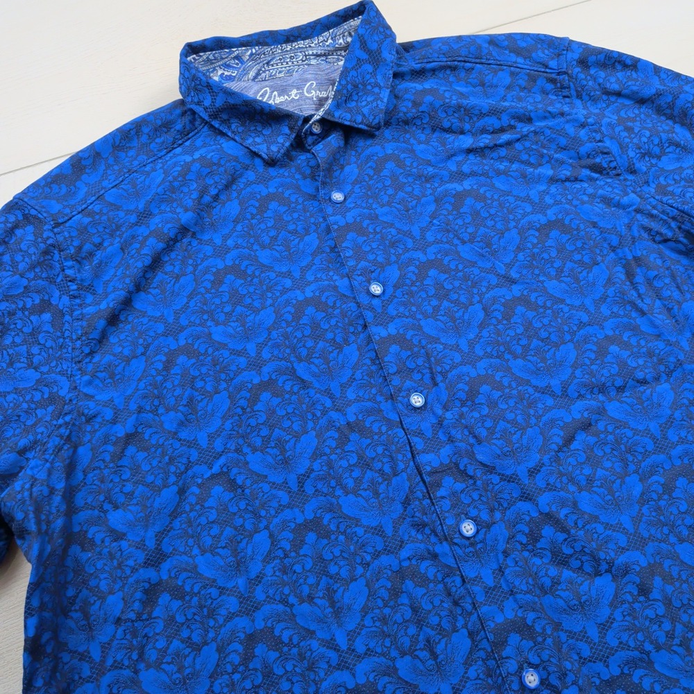 Robert Graham Mens 3XL Blue Damask Floral Cotton Short Sleeve Button Up Shirt